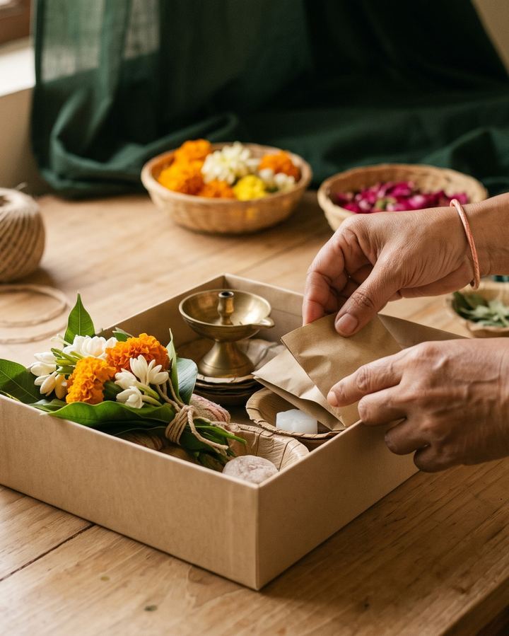 Hands tucking flowers, a brass lamp and wrapped items into a kraft box beside a stack of empty boxes.