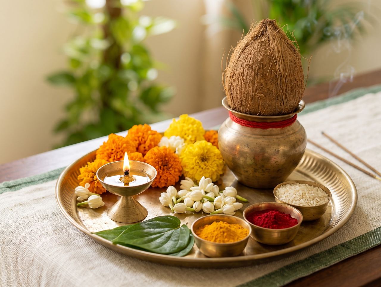 A brass thali laid on a cotton runner with a lit diya, a kalash topped with a coconut, marigolds, jasmine, a betel leaf and bowls of turmeric, kumkum and rice.