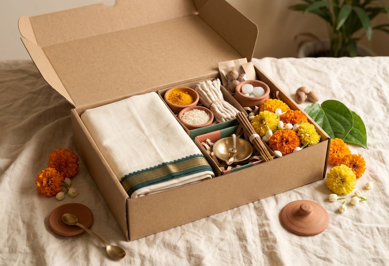 An open kraft box with a folded cloth, flowers, a brass lamp and small bowls of ritual items.