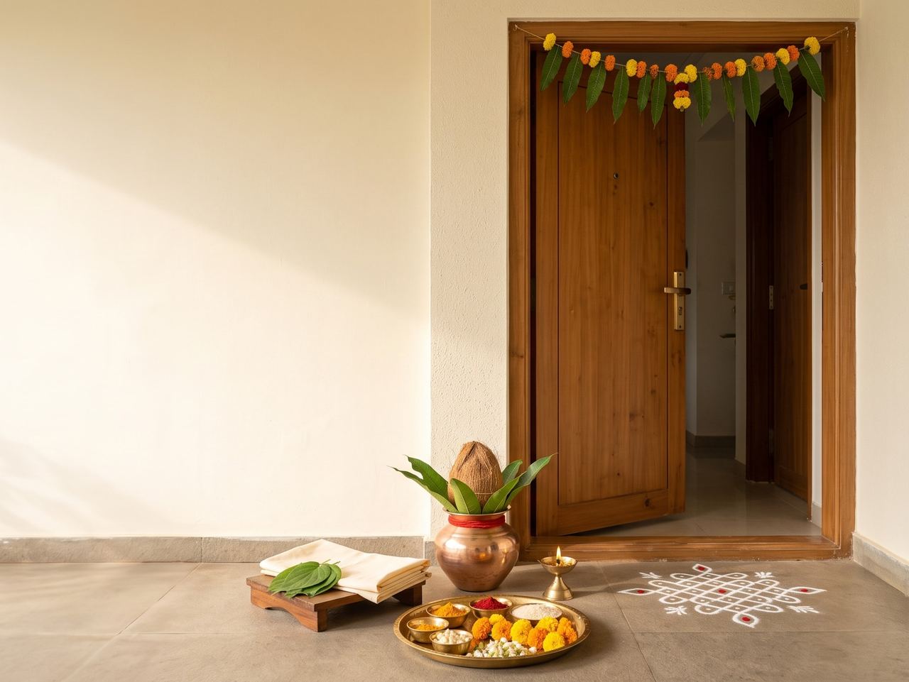 A doorway prepared for a housewarming, with a mango-leaf toran, a kalash, a thali and a muggu at the threshold.
