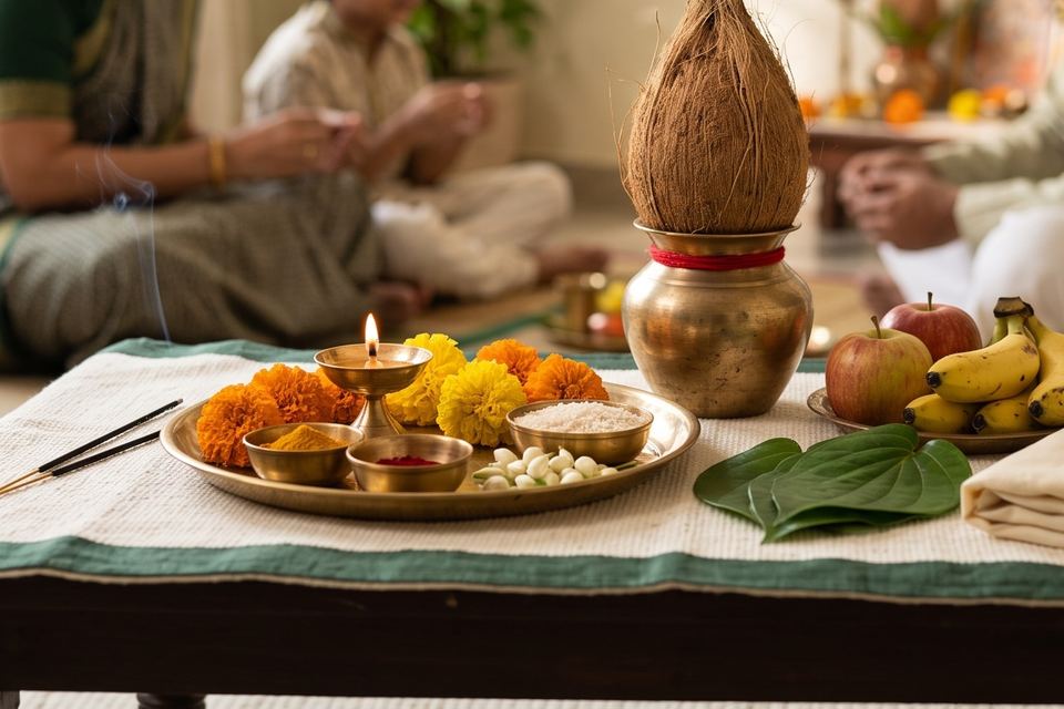 A low table with a brass thali, a kalash topped with a coconut, fruit and a folded cloth, with family seated behind.