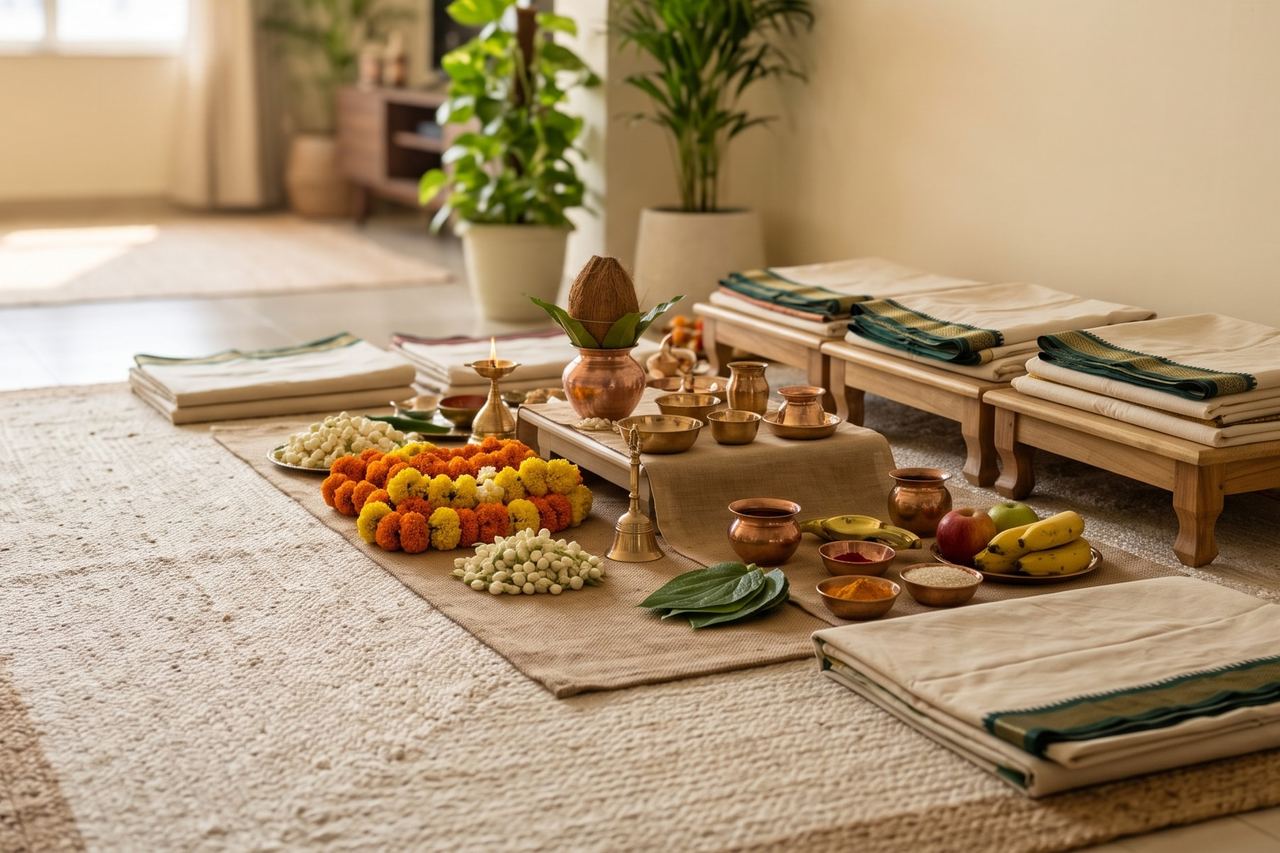 Ceremonial seating, folded cloths, brass vessels, flowers and fruit arranged on a mat in a bright room.