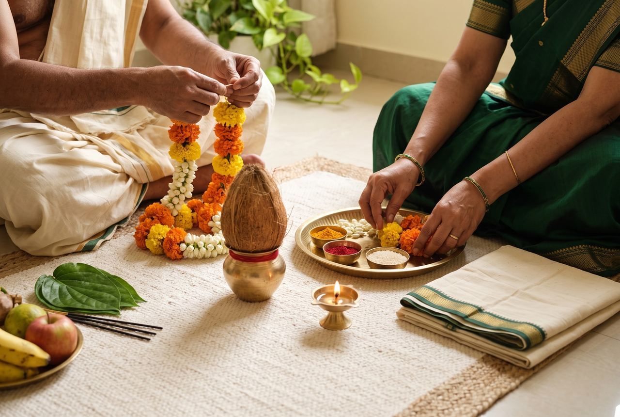 A garland of marigold and jasmine being made beside a kalash and a thali of turmeric and kumkum.