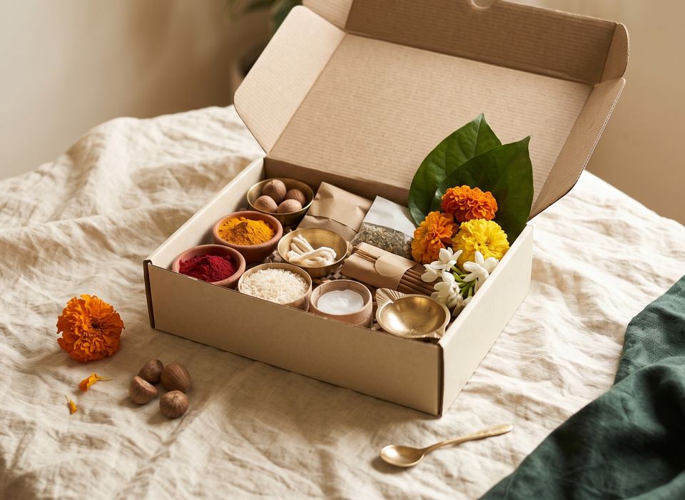 An open kraft box holding bowls of turmeric, kumkum and rice, cotton wicks, a brass lamp and flowers.