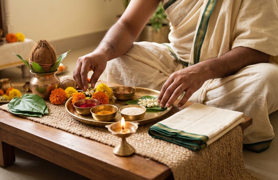 A priest preparing a brass thali on a low wooden table, with a kalash and a lamp beside him.
