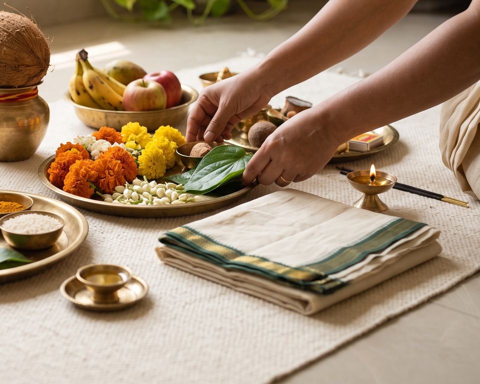 Hands arranging trays of flowers, fruit and ritual items beside a folded cotton cloth.