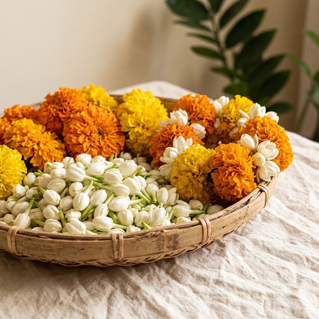 A woven basket of orange and yellow marigolds with white jasmine buds.