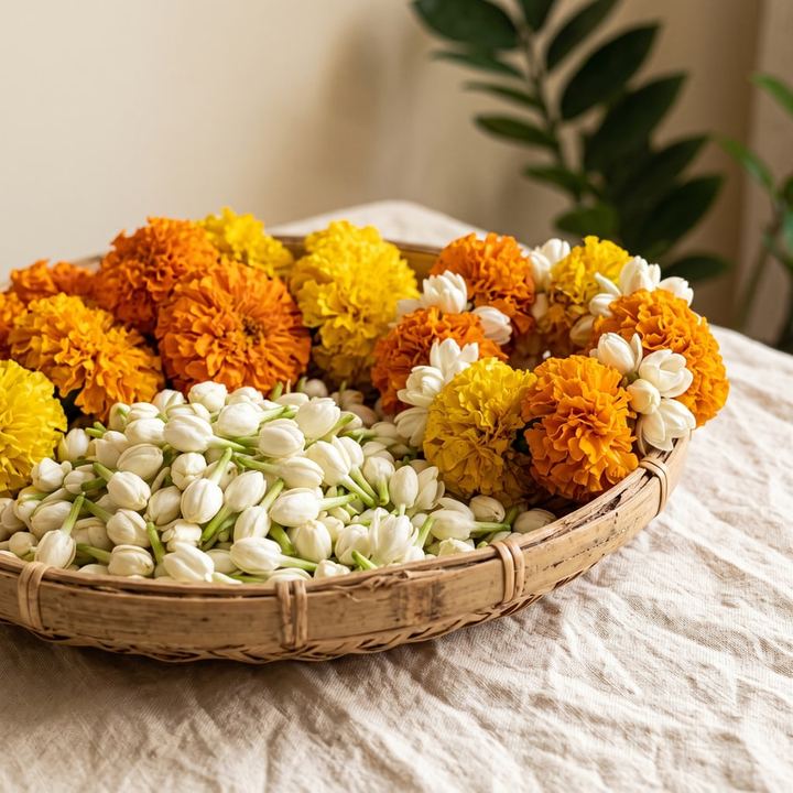 A woven basket of orange and yellow marigolds with white jasmine buds.